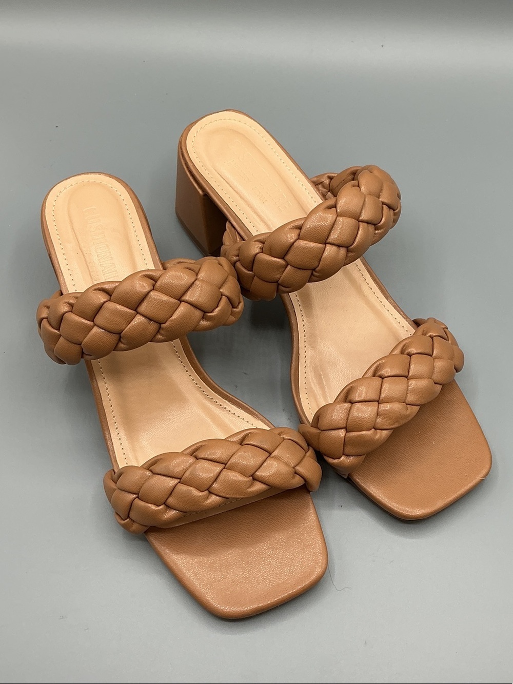 Cushionaire Women's Braided Double-Strap Block Heel Mules - Tan, size 8